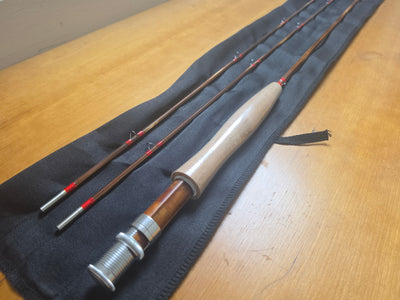Anglers Roost bamboo fly rod cork grip and uplocking reel seat close-up