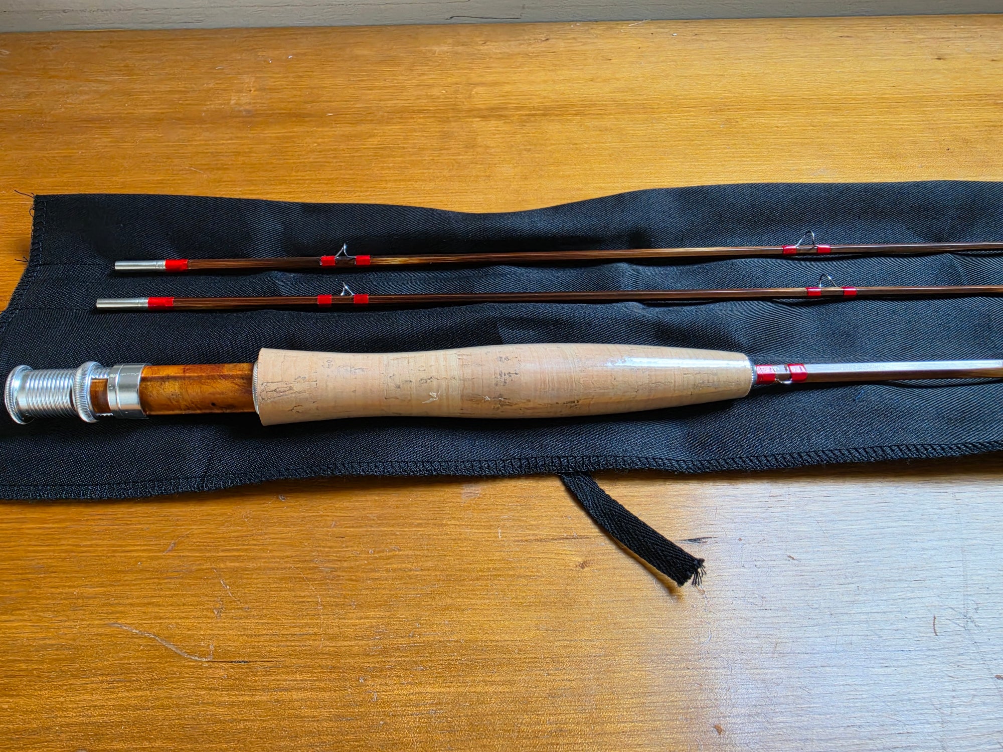 Bamboo fly rod full cork grip with burl wood spacer and aluminum reel seat