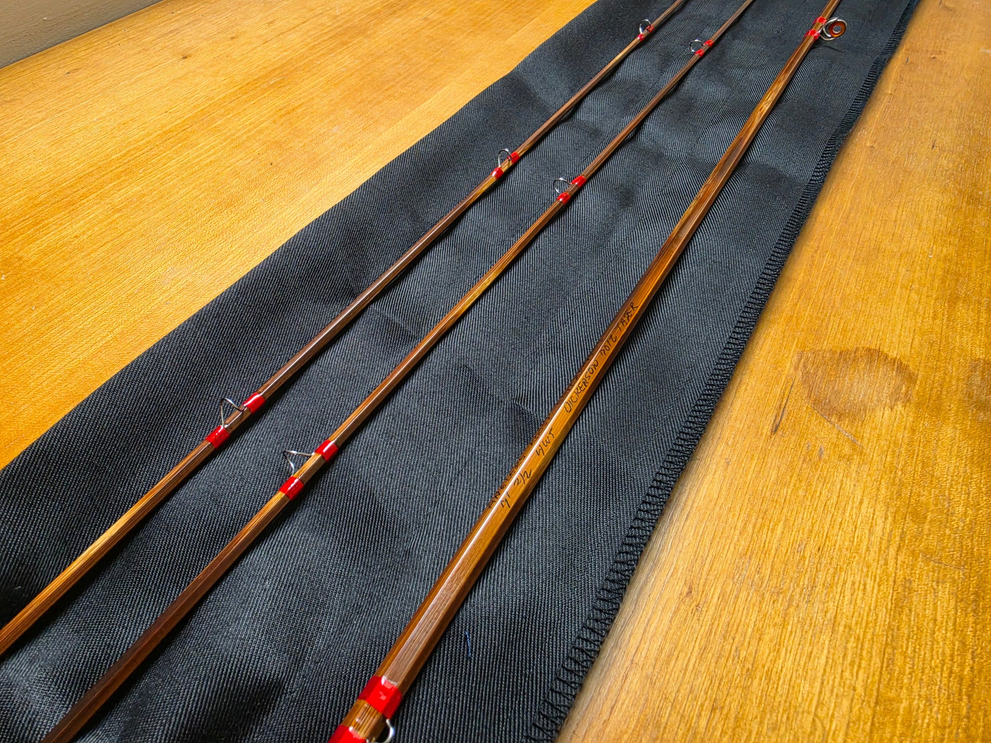 Anglers Roost Dickerson 7012 bamboo fly rod tip sections laid out