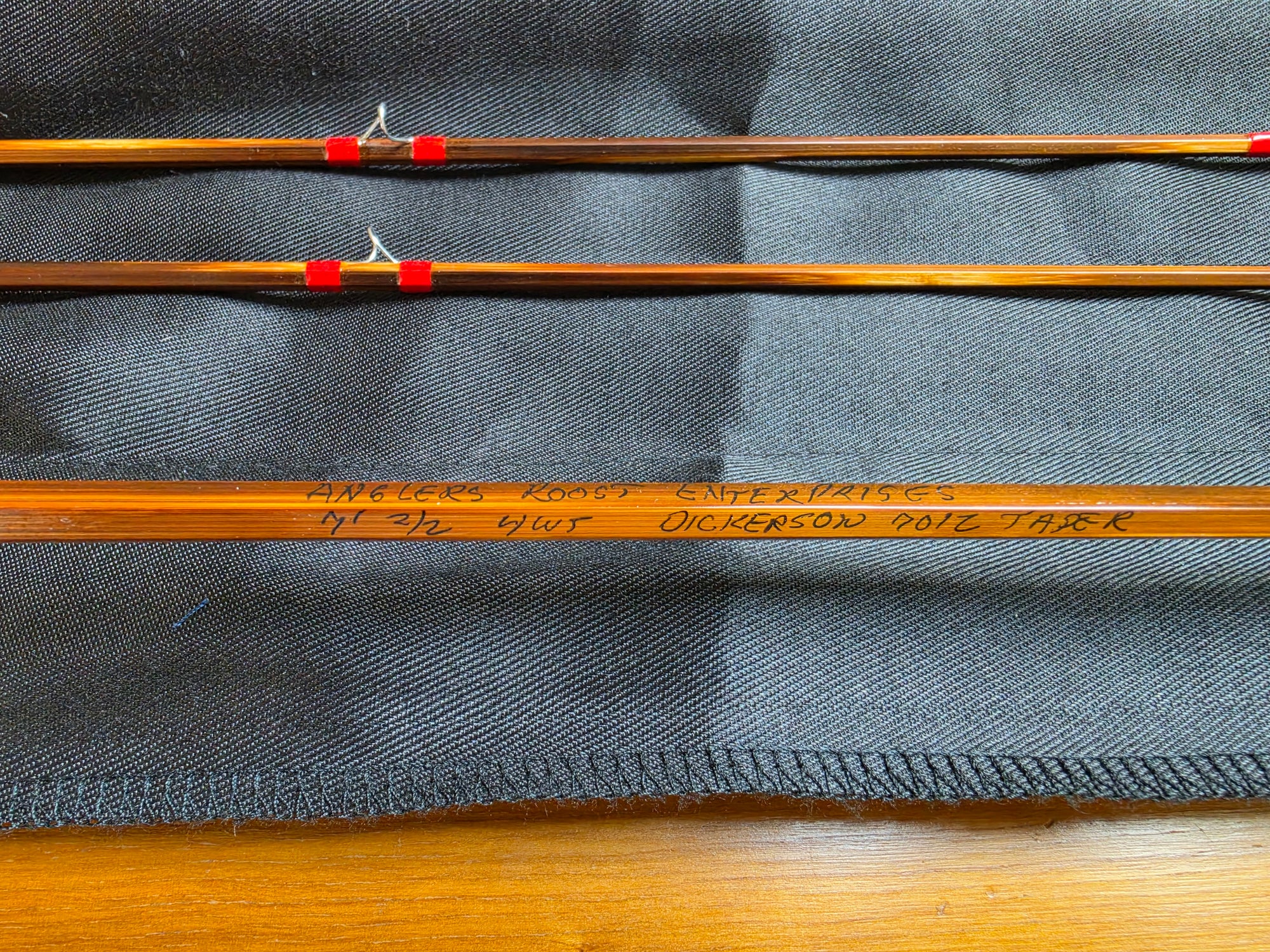 Dickerson 7012 taper 7ft 2/2 4wt specifications inscribed on bamboo rod blank