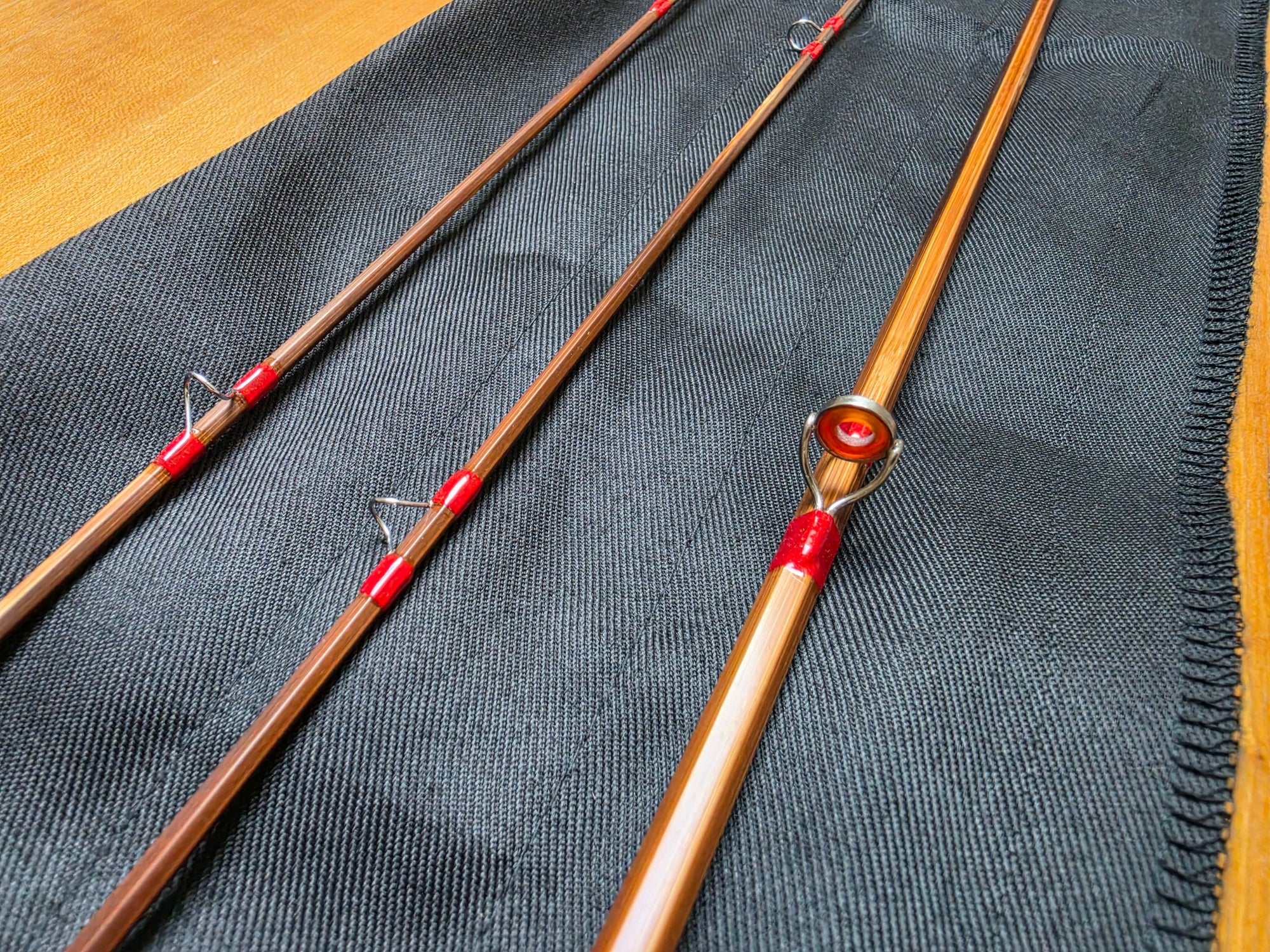 Red silk thread guide wraps on Anglers Roost bamboo fly rod