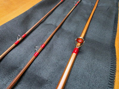 Red silk thread guide wraps on Anglers Roost bamboo fly rod
