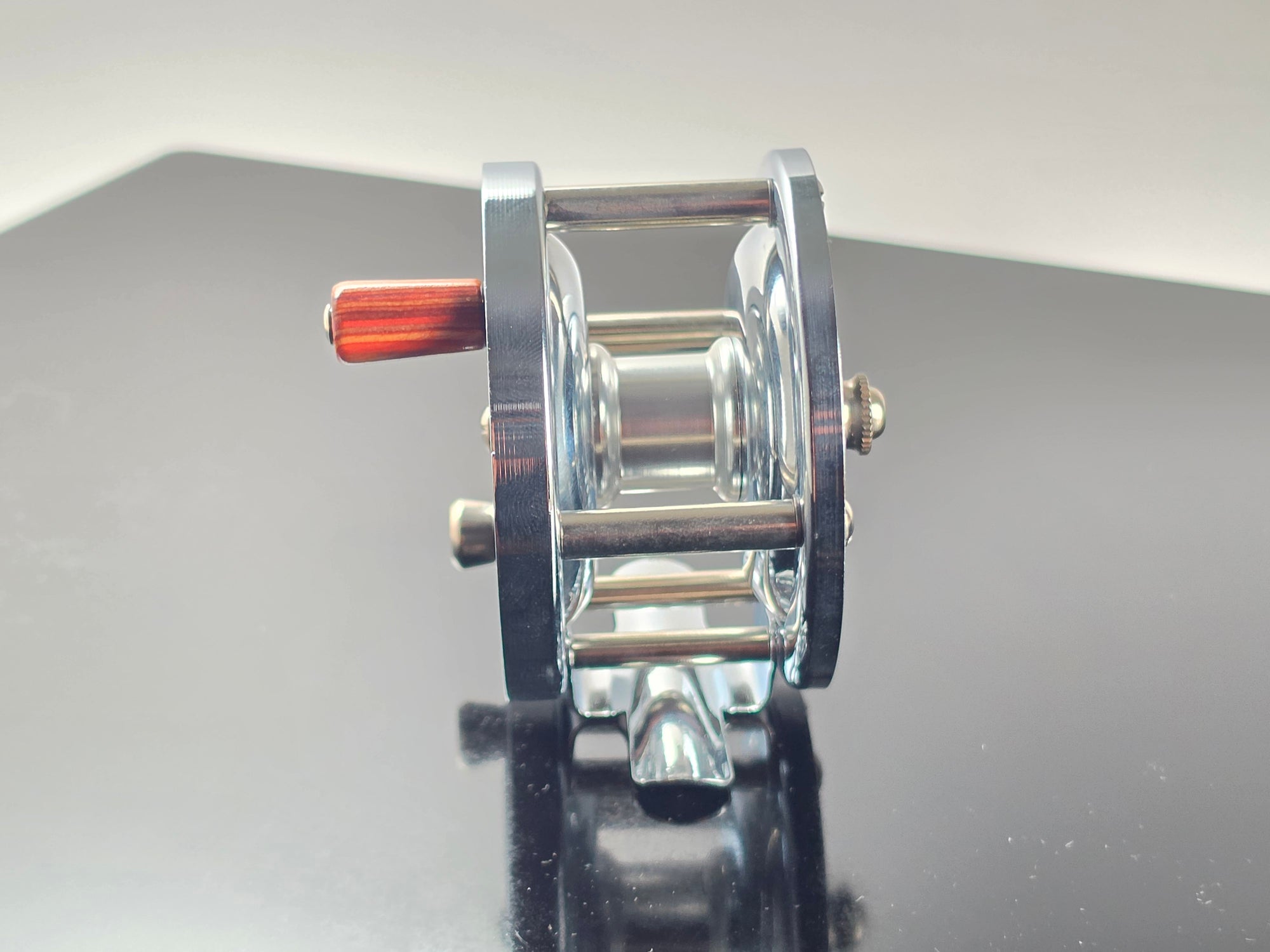 Anglers Roost VH2 Vom Hoffe reproduction fly reel back plate click pawl mechanism close-up
