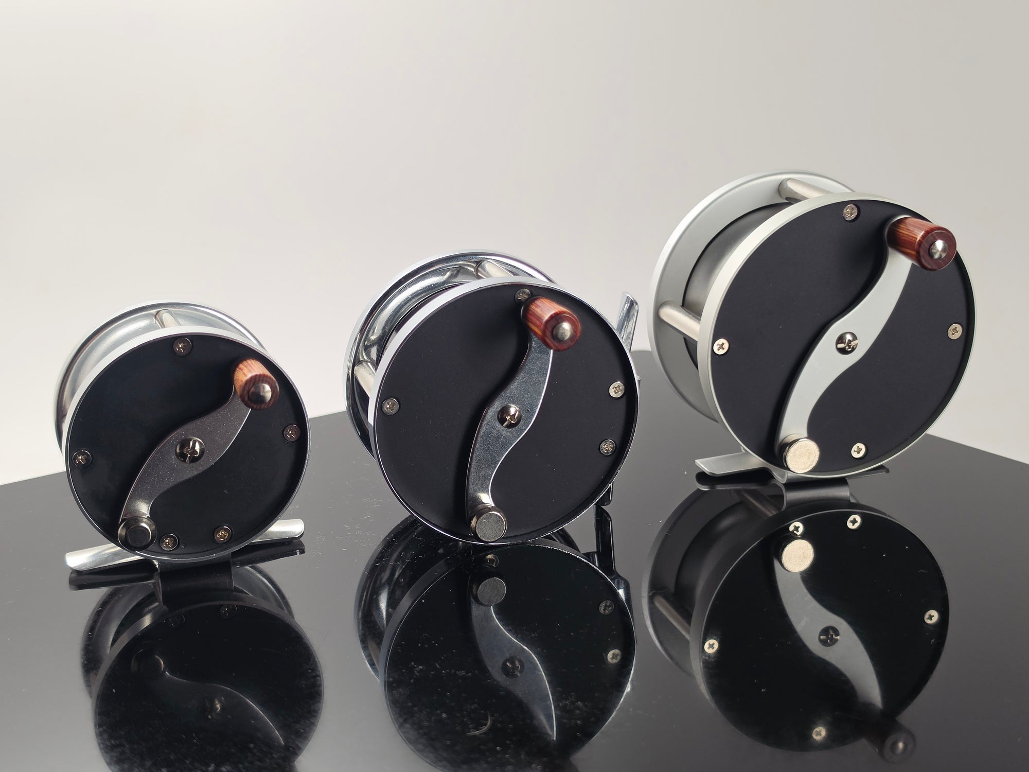 Anglers Roost VH1 VH2 VH3 Vom Hoffe reproduction fly reel three sizes comparison front view