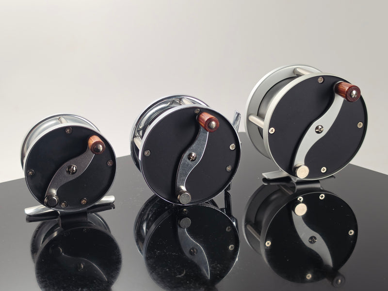 Anglers Roost VH1 VH2 VH3 Vom Hoffe reproduction fly reel three sizes comparison front view