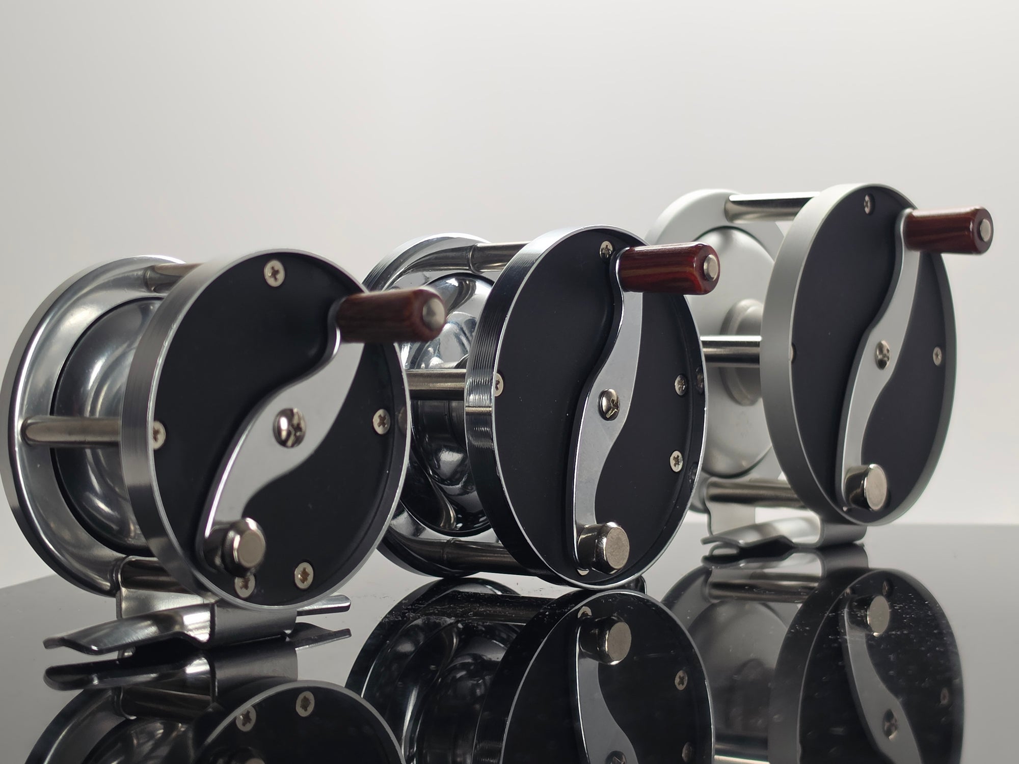 Anglers Roost VH1 VH2 VH3 Vom Hoffe reproduction fly reels three sizes angled studio shot