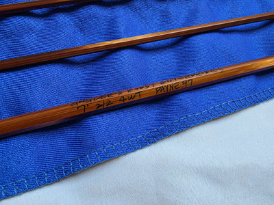 Flame-tempered Payne 97 bamboo rod blank tip sections in blue cloth bag, no ferrules installed