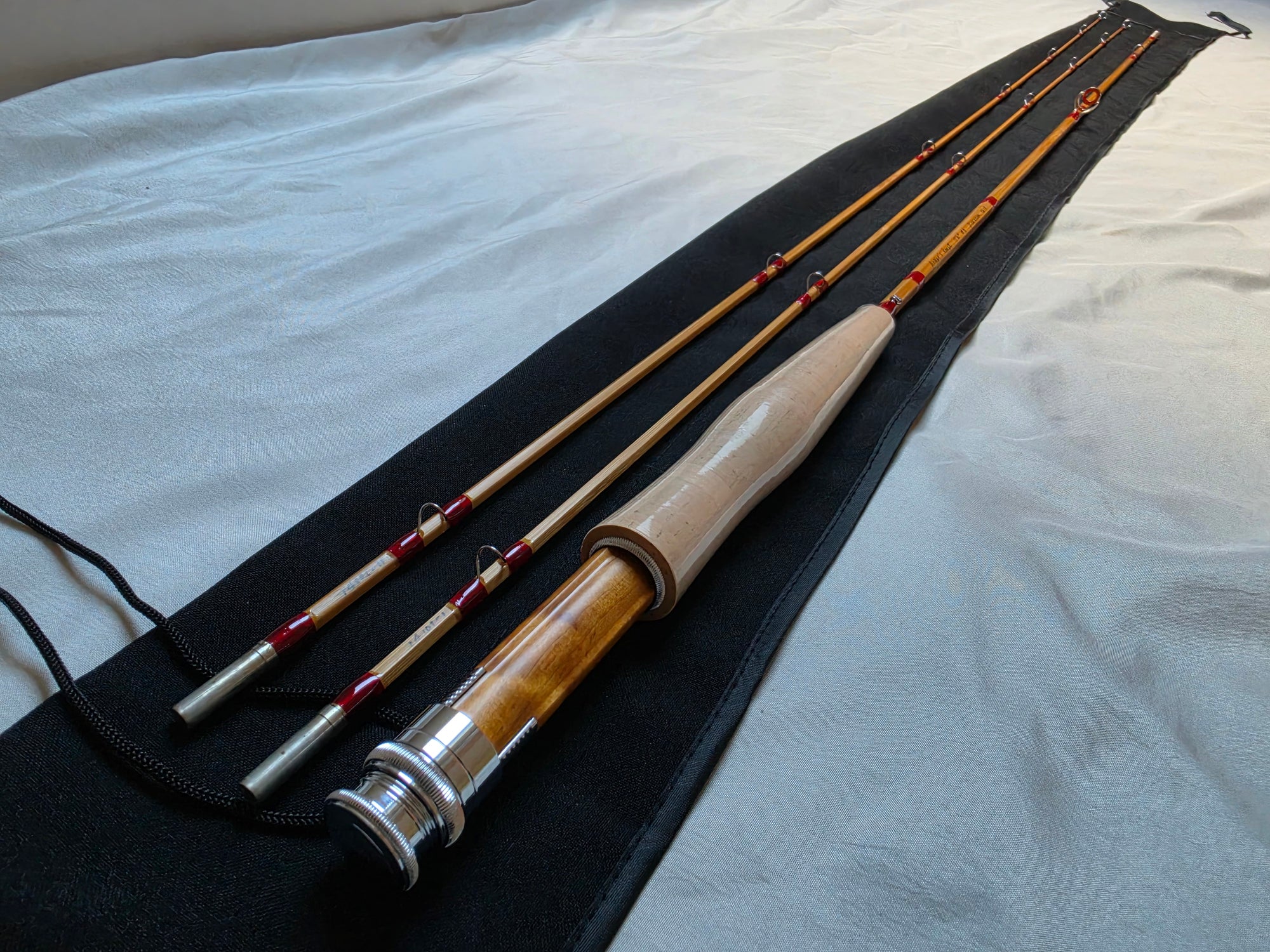 Finished Dickerson 7613 bamboo fly rod, 7'6" 5wt, assembled with cork grip and figured burl reel seat
