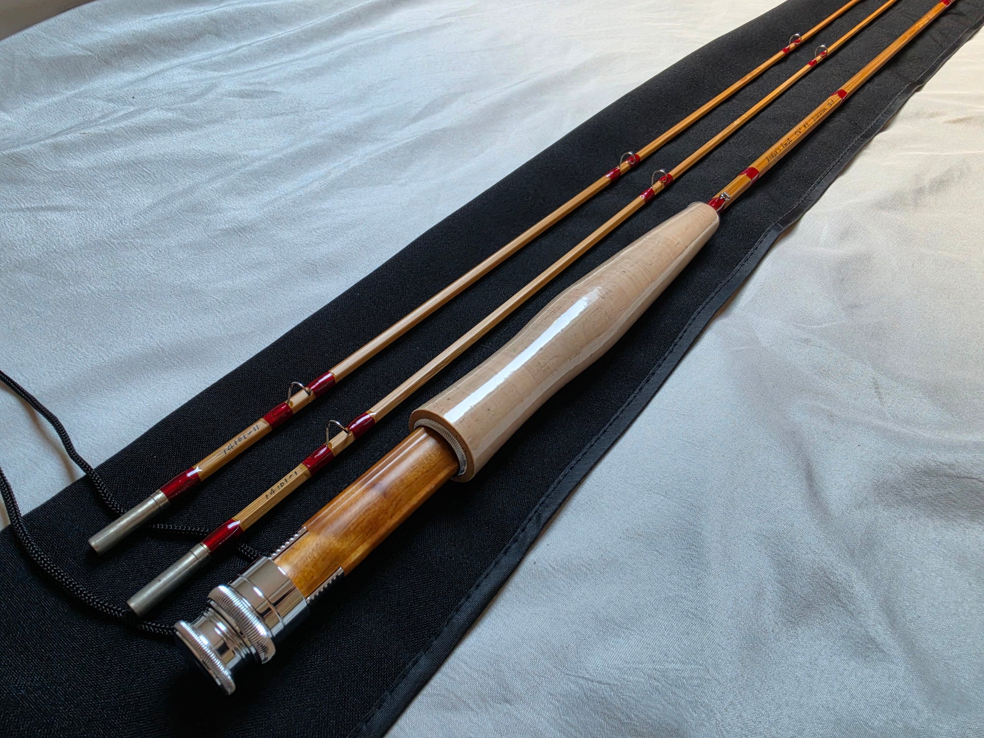 Dickerson 7613 bamboo fly rod cork grip and reel seat with scarlet silk wraps