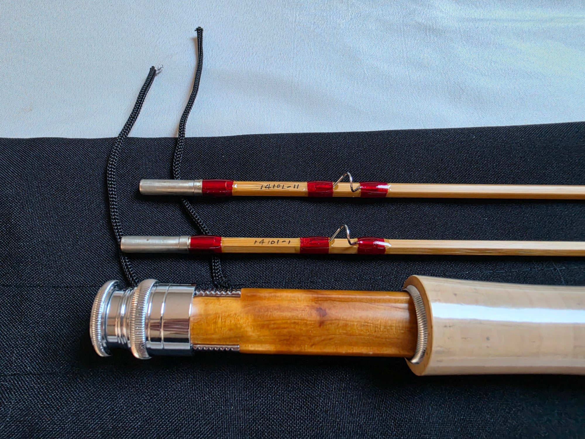 Dickerson 7613 bamboo fly rod grip and butt section close-up with figured reel seat insert
