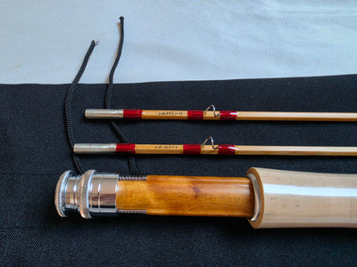 Dickerson 7613 bamboo fly rod grip and butt section close-up with figured reel seat insert