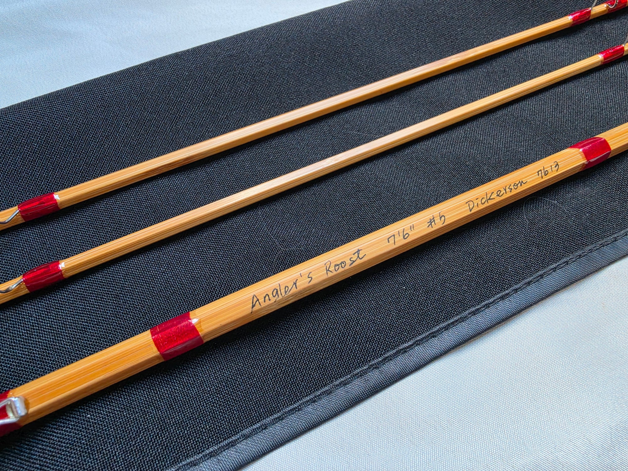 Angler's Roost signature on Dickerson 7613 bamboo fly rod reading 7'6" #5 Dickerson 7613