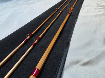 Snake guides and scarlet red silk wraps on Dickerson 7613 split-cane fly rod