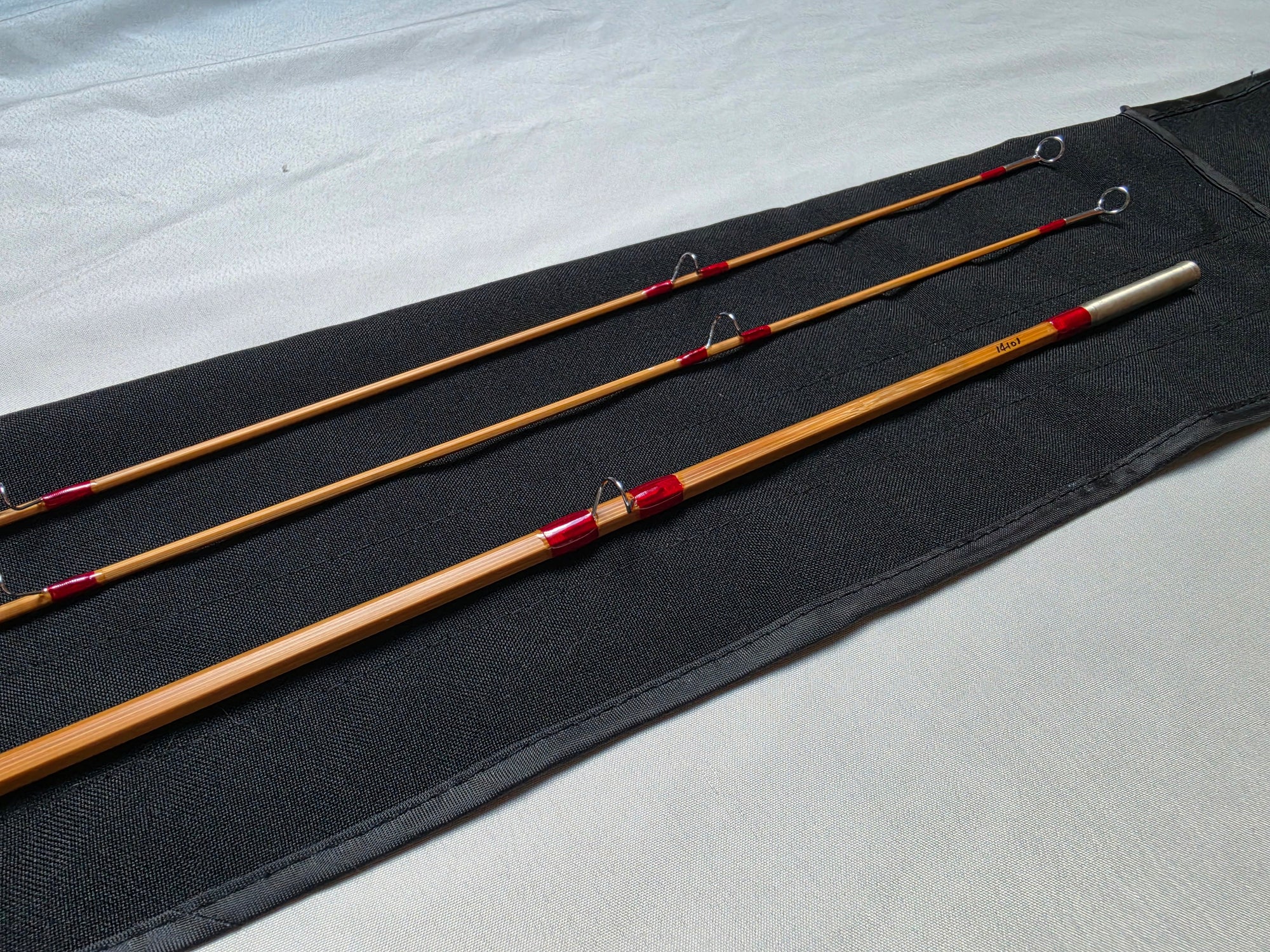 Dickerson 7613 bamboo fly rod with two tips and ferrule plug in cloth rod bag