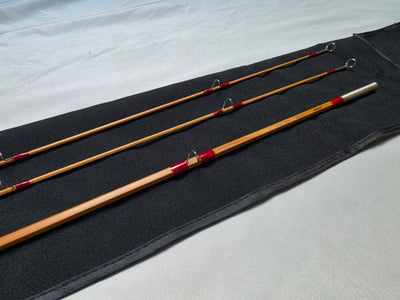 Dickerson 7613 bamboo fly rod with two tips and ferrule plug in cloth rod bag