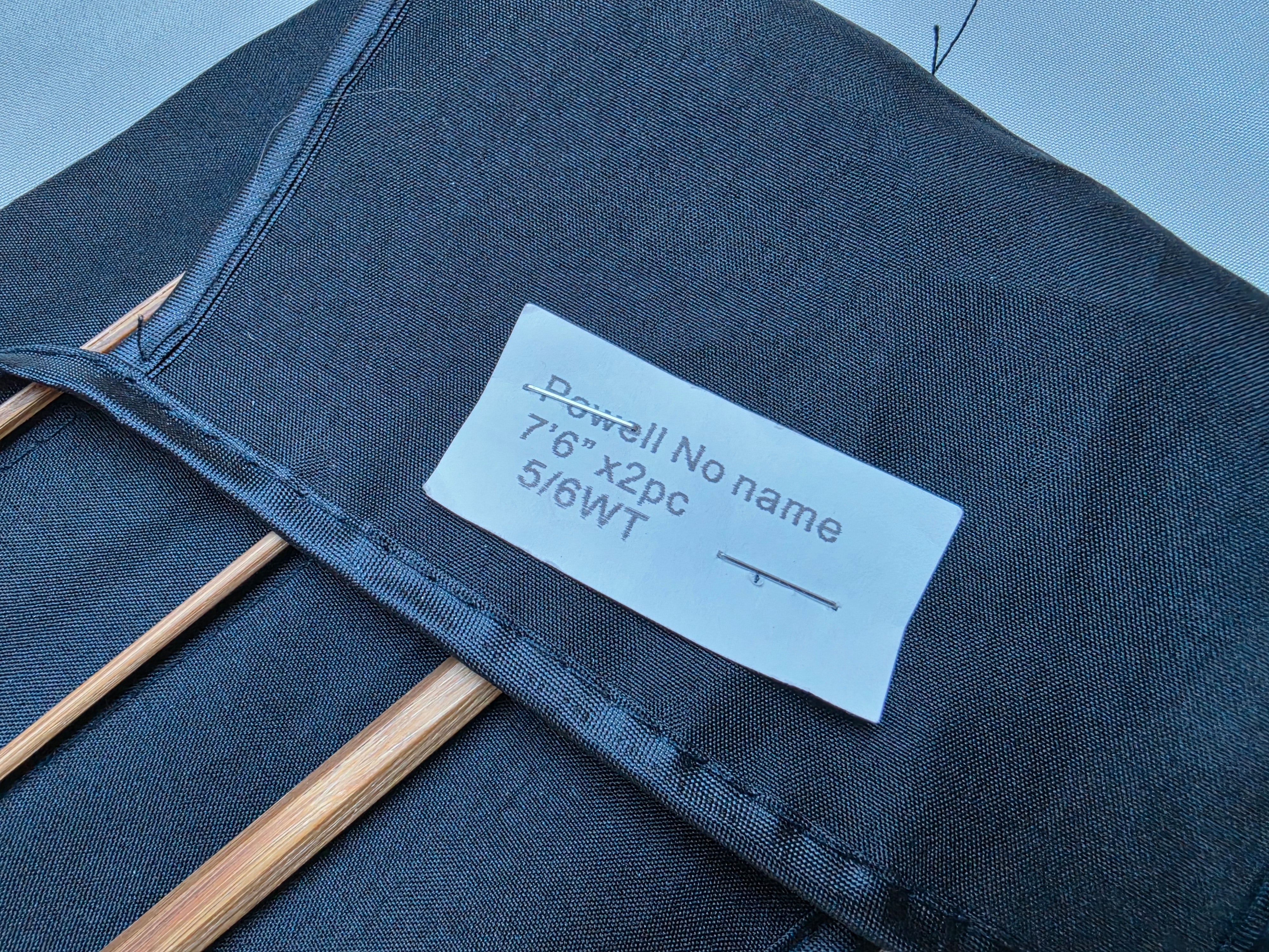 Original cloth bag label reading Powell No Name 7'6" 2pc 5/6wt bamboo rod blank