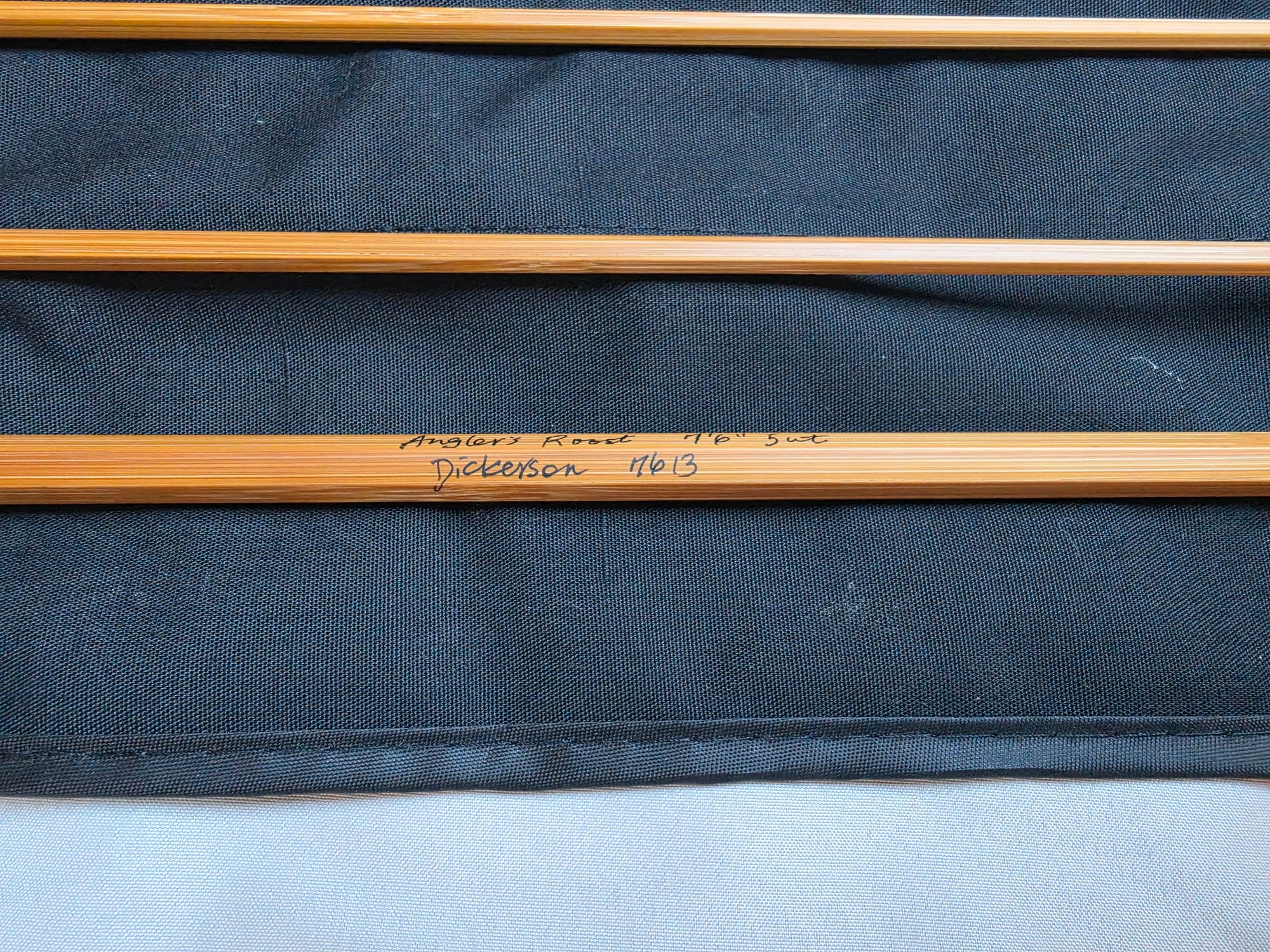 Angler's Roost signature on Dickerson 7613 bamboo rod blank reading 7'6" 5wt