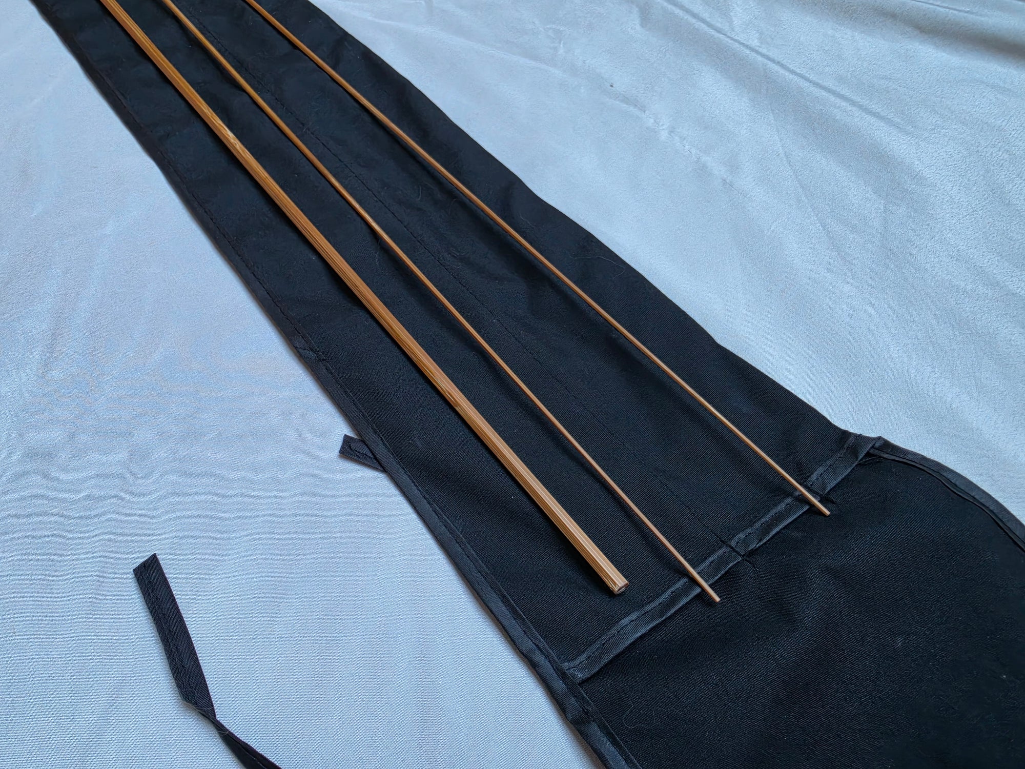Hand-planed split-cane Dickerson 7613 bamboo rod blank sections with cloth bag
