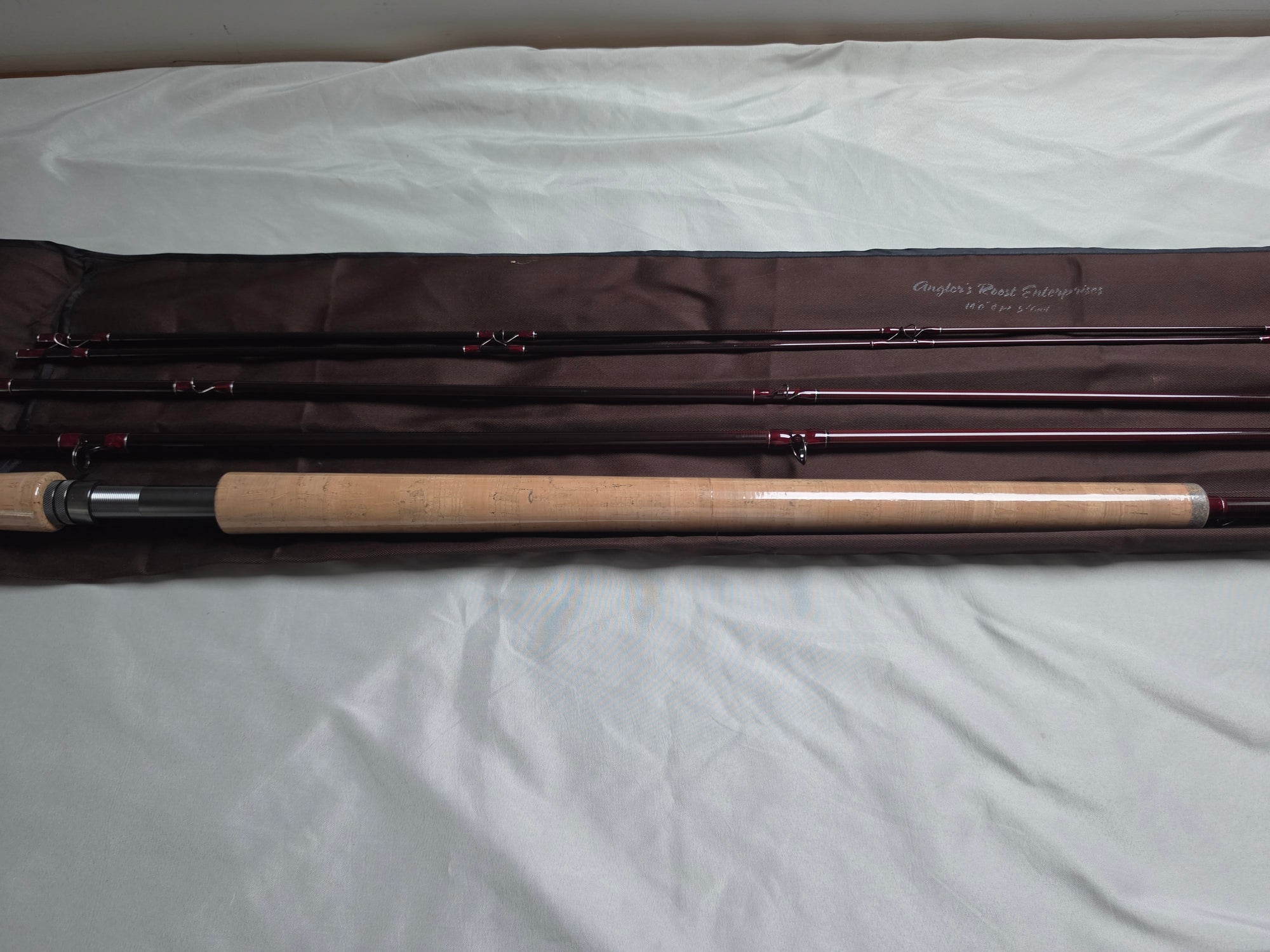 IM6 graphite Spey rod sections laid out, signed Angler's Roost Enterprises 14'0" 5/6wt